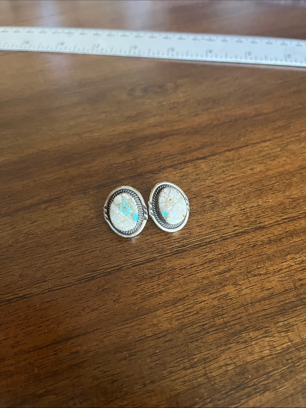 Santa Fe Oval Royston Ribbon Turquoise Sterling Silver Rope Stud Earrings, VGUC.
